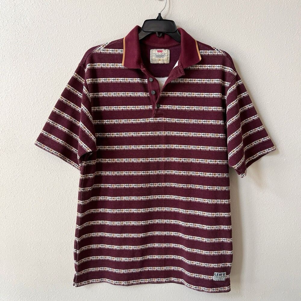 Vintage 1996 Levi’s Polo Shirt Medium Maroon Aztec Geometric 90s Skater Baggy
